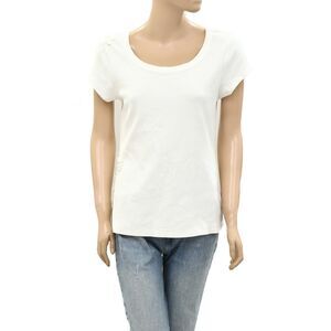 By Anthropologie Lace Appliqué Ribbed Blouse Top Short Sleeve White M 270375